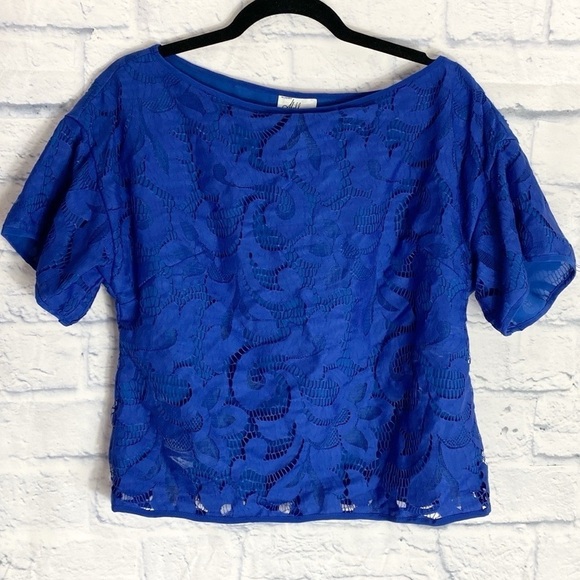 Milly royal blue lace short sleeve cropped top 6 - Picture 1 of 5